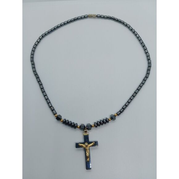 Hematite Gold Tone Cross Pendant 18" Beaded Necklace - Picture 2 of 6